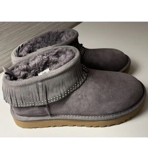 UGG CLASSIC ULTRA MINI FRINGE BLING WATER-RESISTANT SUEDE BOOTS, US 7